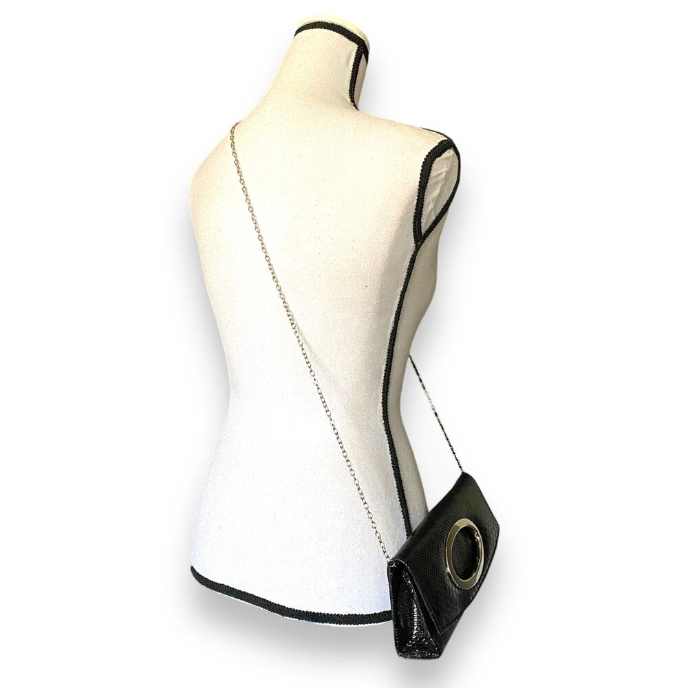 VNTG 90s Patent Snake Embossed East West HandBag Purse Black Chain Strap Clutch - Picture 4 of 9